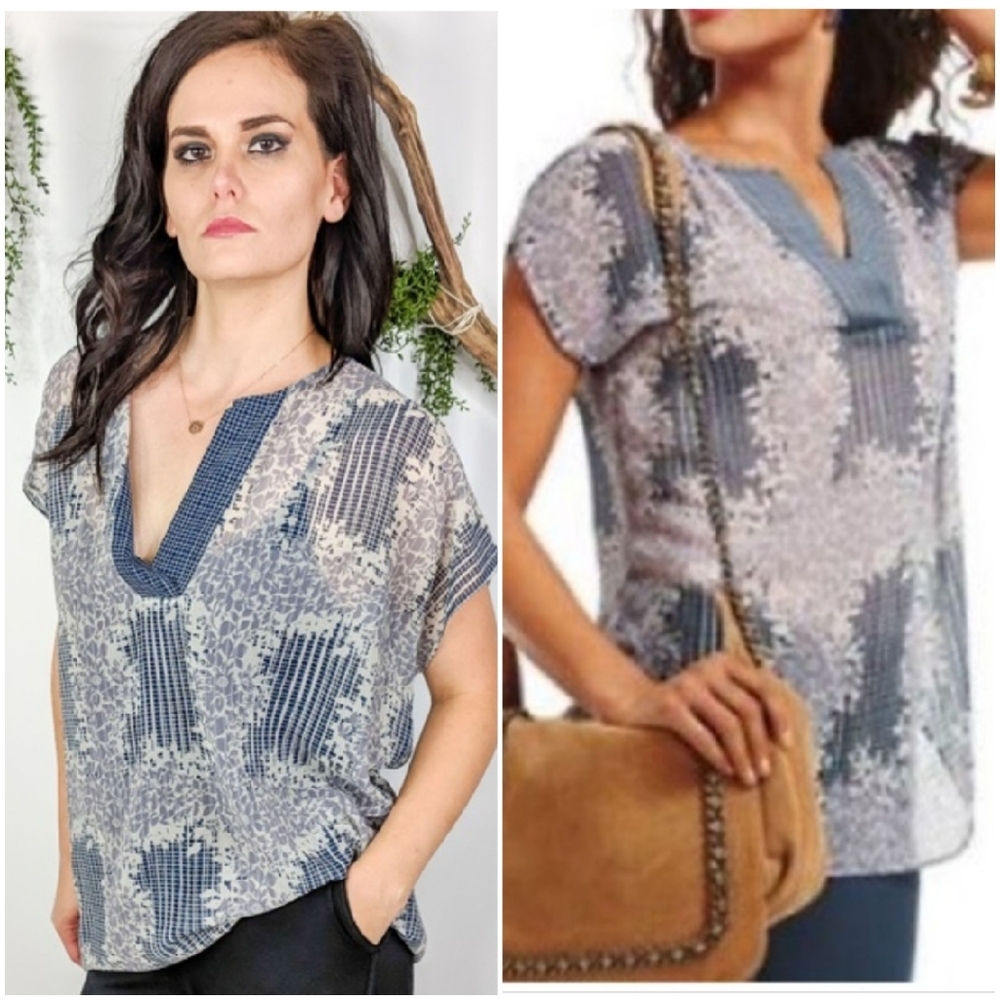 CAbi printed stitch placket sheer blue white career work top blouse sz M